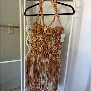 Three Bird Nest Tan and Cream Woven Fringe Bag
